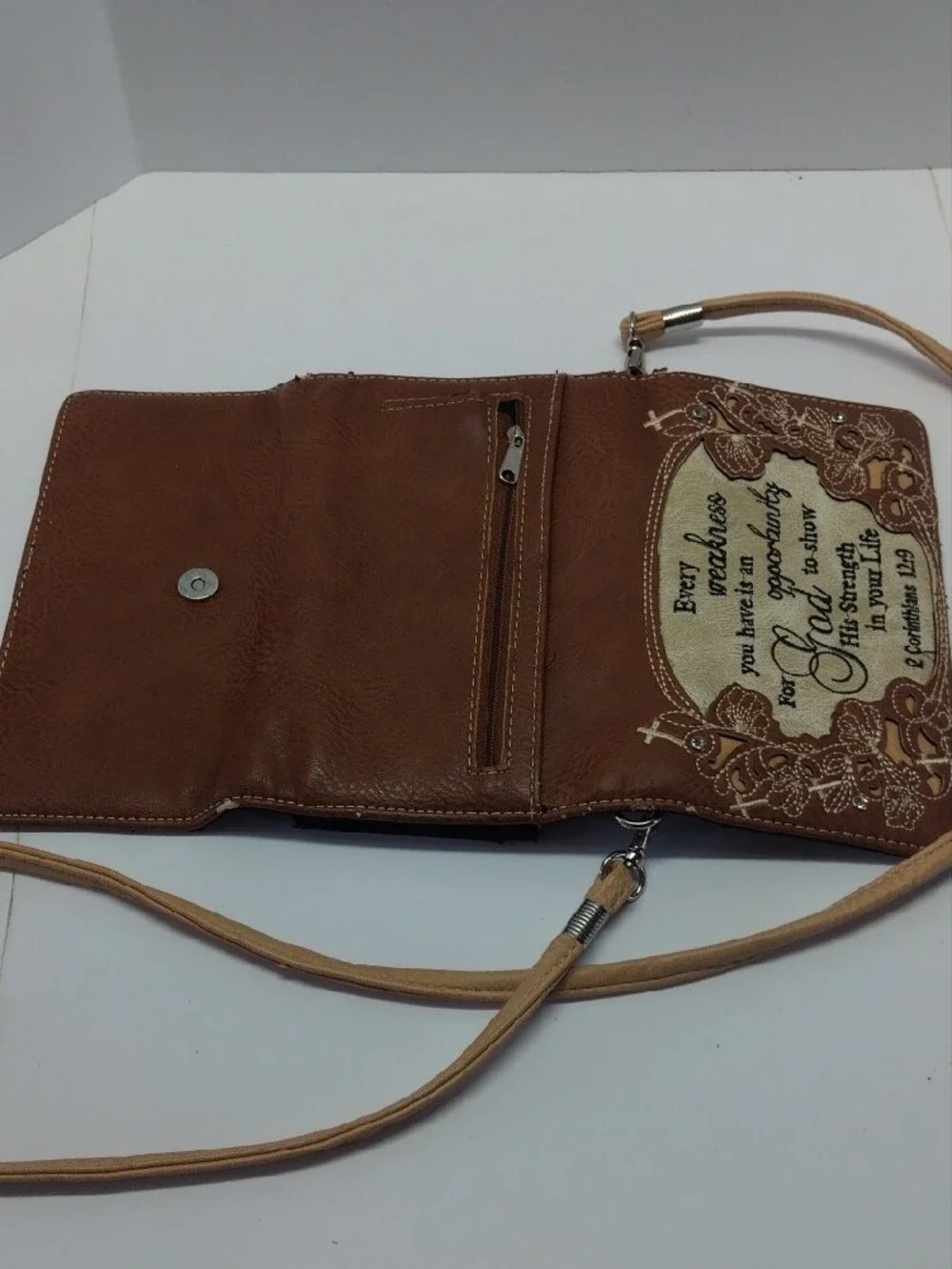 Faith-Inspired Brown Crossbody Wallet with Embroidered Scripture
